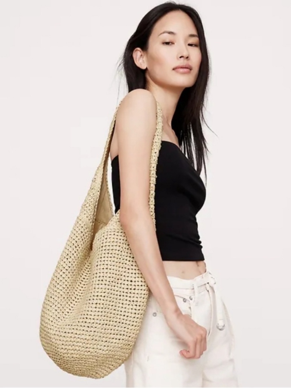 Banana Republic Cream Raffia Shoulder Hobo Tote Bag